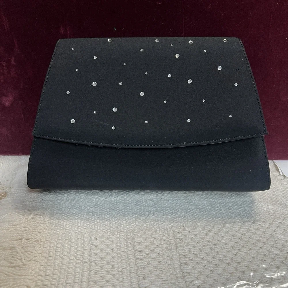J Renee Handbag Crossbody Clutch Black Fabric clear, rhinestones, New w/ Tag‎